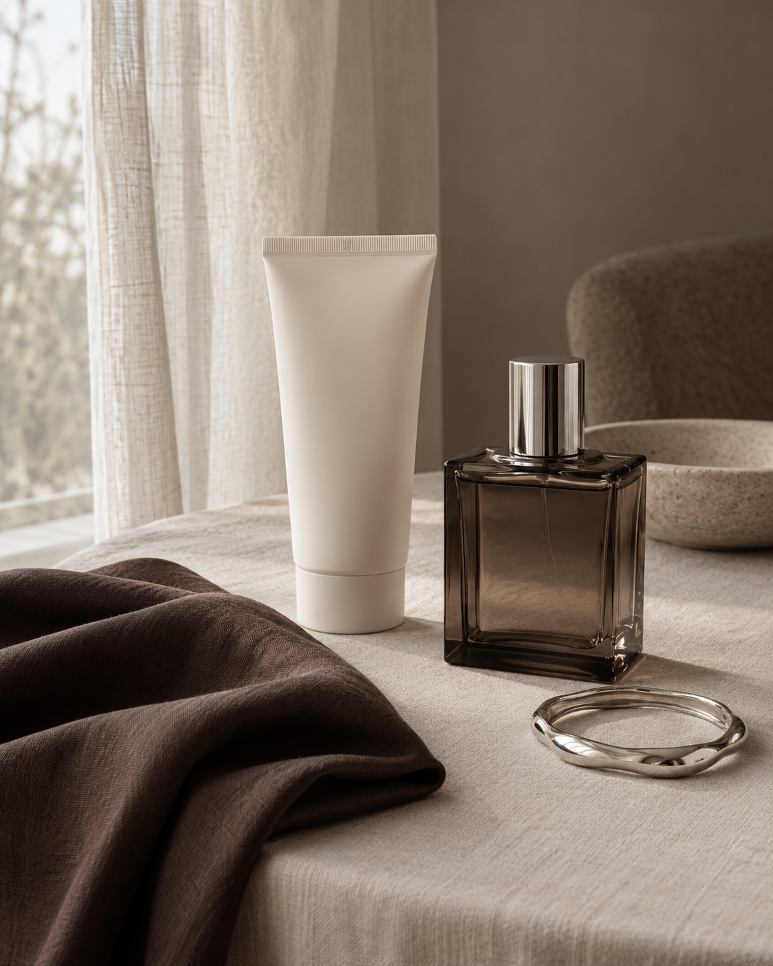 Rustig sfeerbeeld met beautyproducten en zilverkleurige details